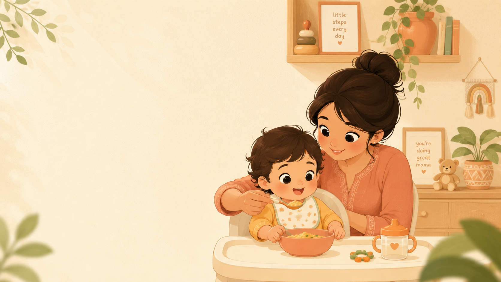 Mother lovingly feeding toddler
